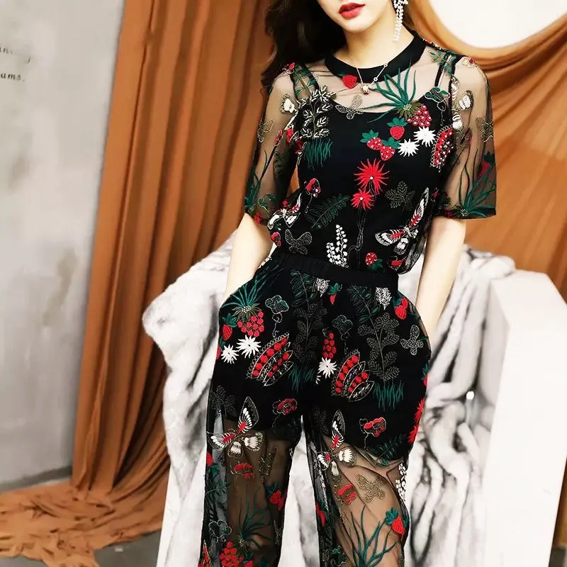 Runway Elegant 2pcs  Embroidery Pantsuit