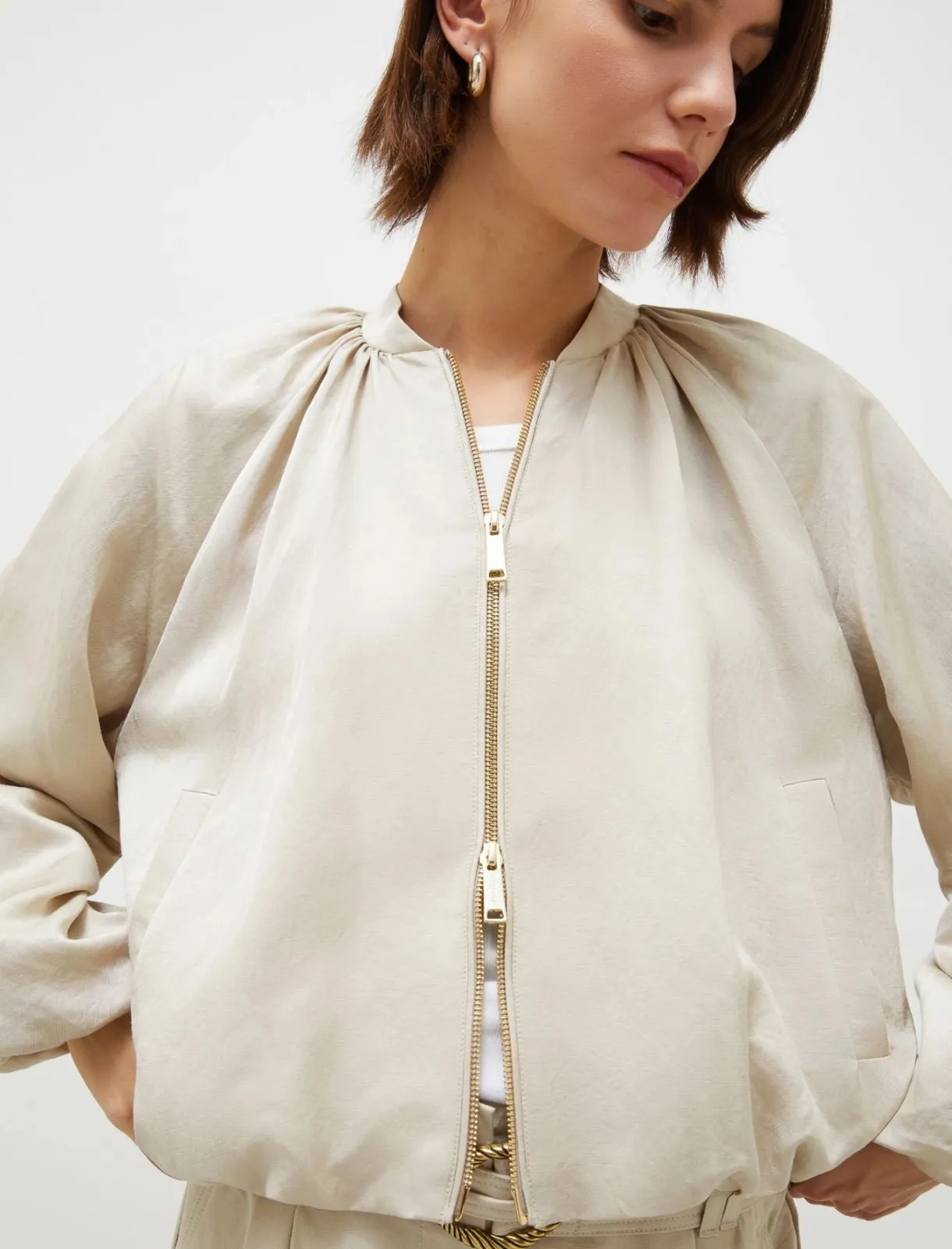 sand viscose linen bomber jacket
