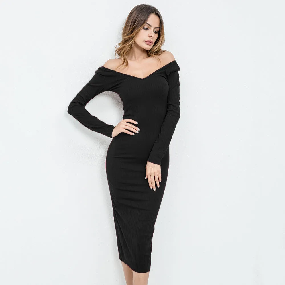 Sexy Wool Off Shoulder Slim Knee-length Dress