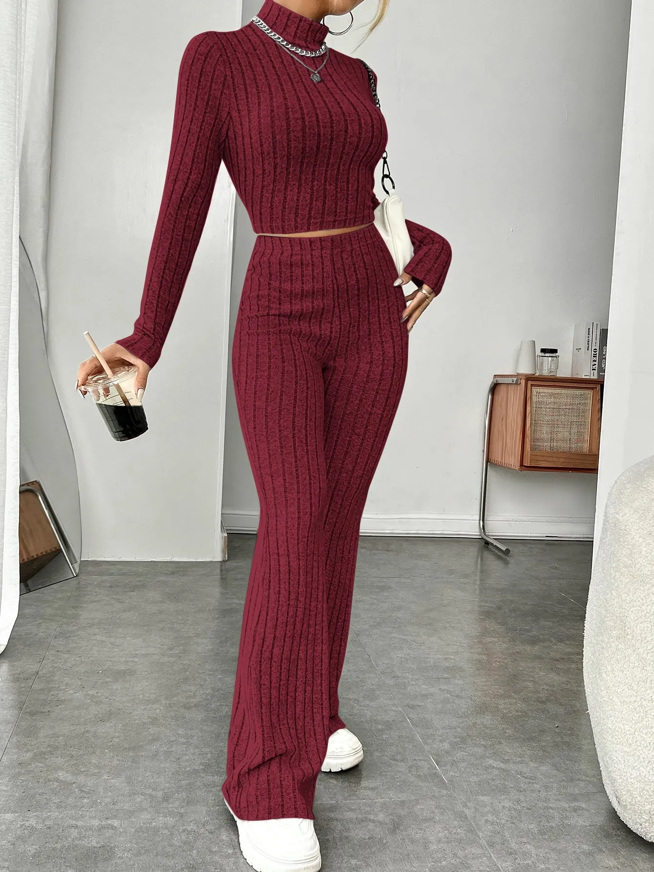 SHEIN EZwear Mock Neck Crop Tee & Flare Leg Trousers