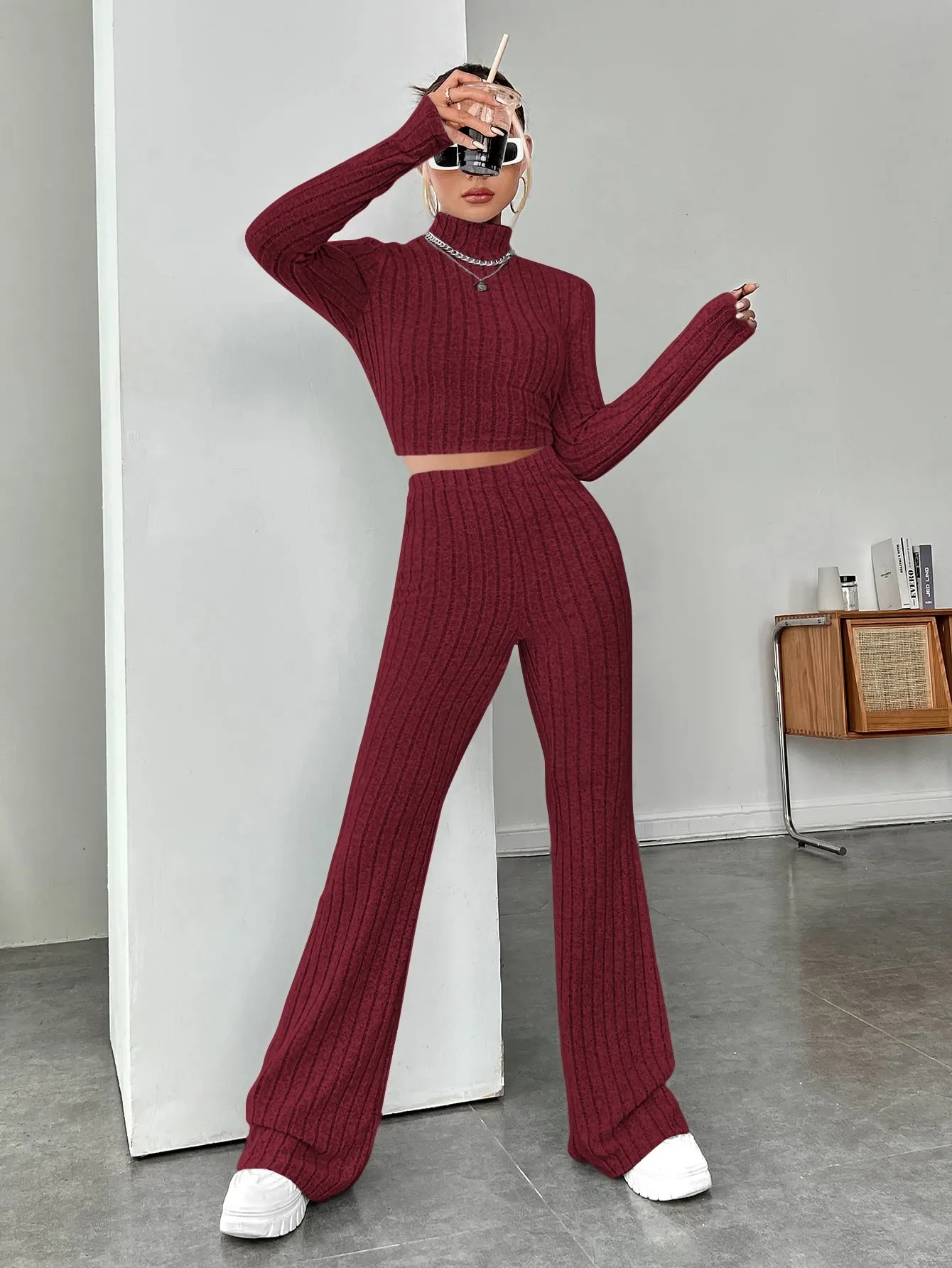 SHEIN EZwear Mock Neck Crop Tee & Flare Leg Trousers
