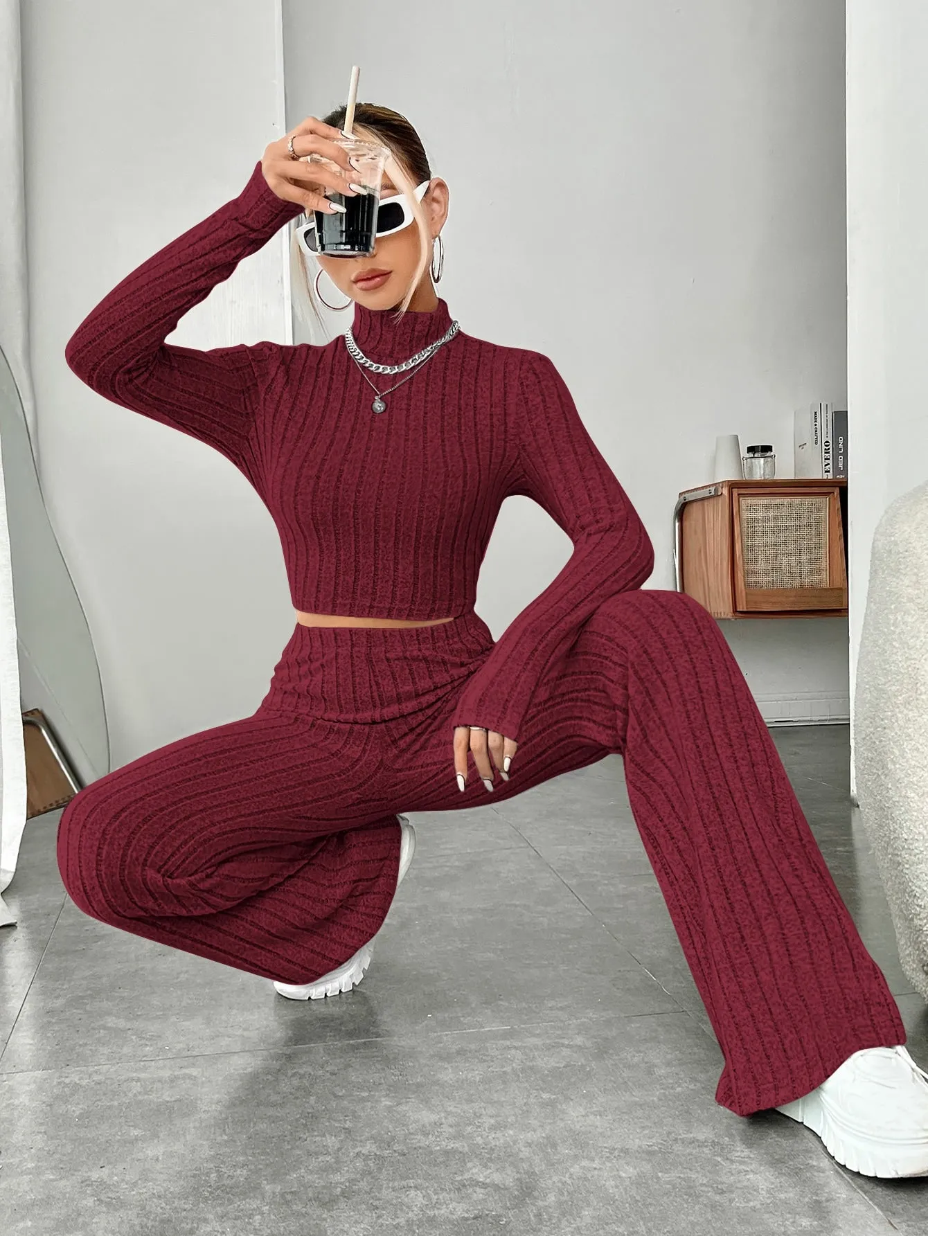 SHEIN EZwear Mock Neck Crop Tee & Flare Leg Trousers