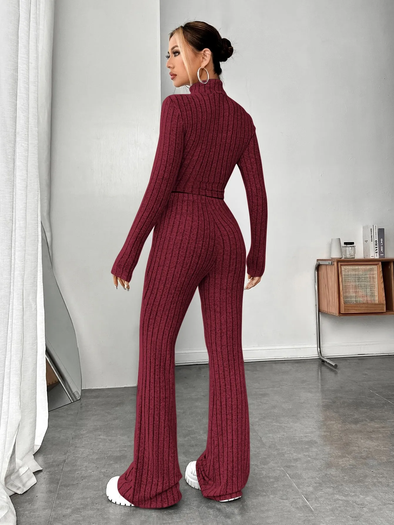 SHEIN EZwear Mock Neck Crop Tee & Flare Leg Trousers