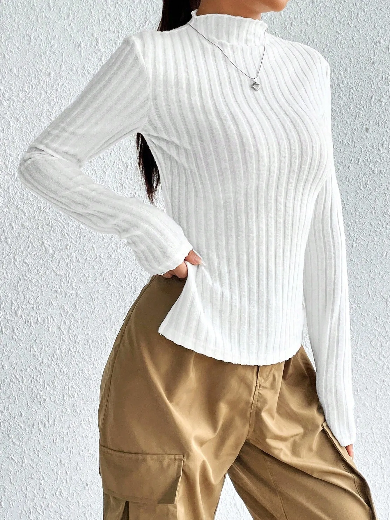SHEIN Mock Neck Ribbed Knit Tee