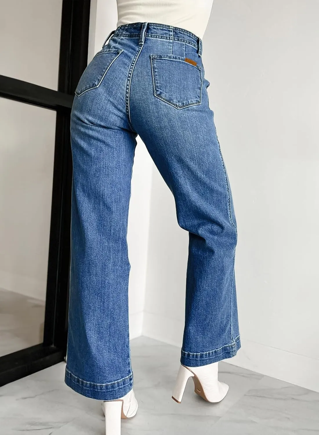 Sidefeel Women's Wide Leg Jeans High Waisted Button Fly Stretchy Straight Legs Denim Pants