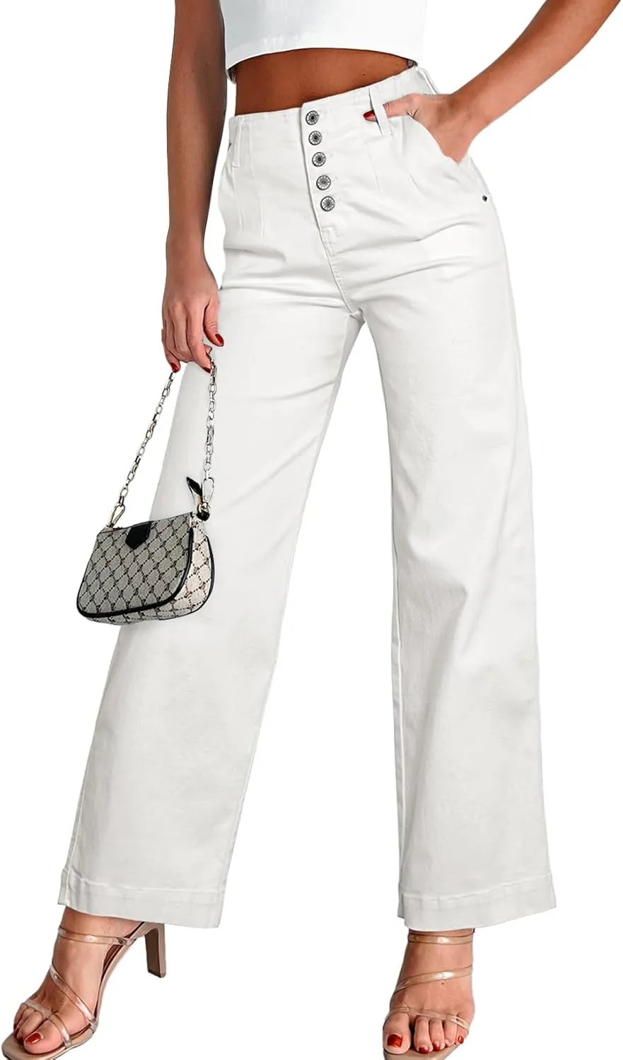 Sidefeel Women's Wide Leg Jeans High Waisted Button Fly Stretchy Straight Legs Denim Pants