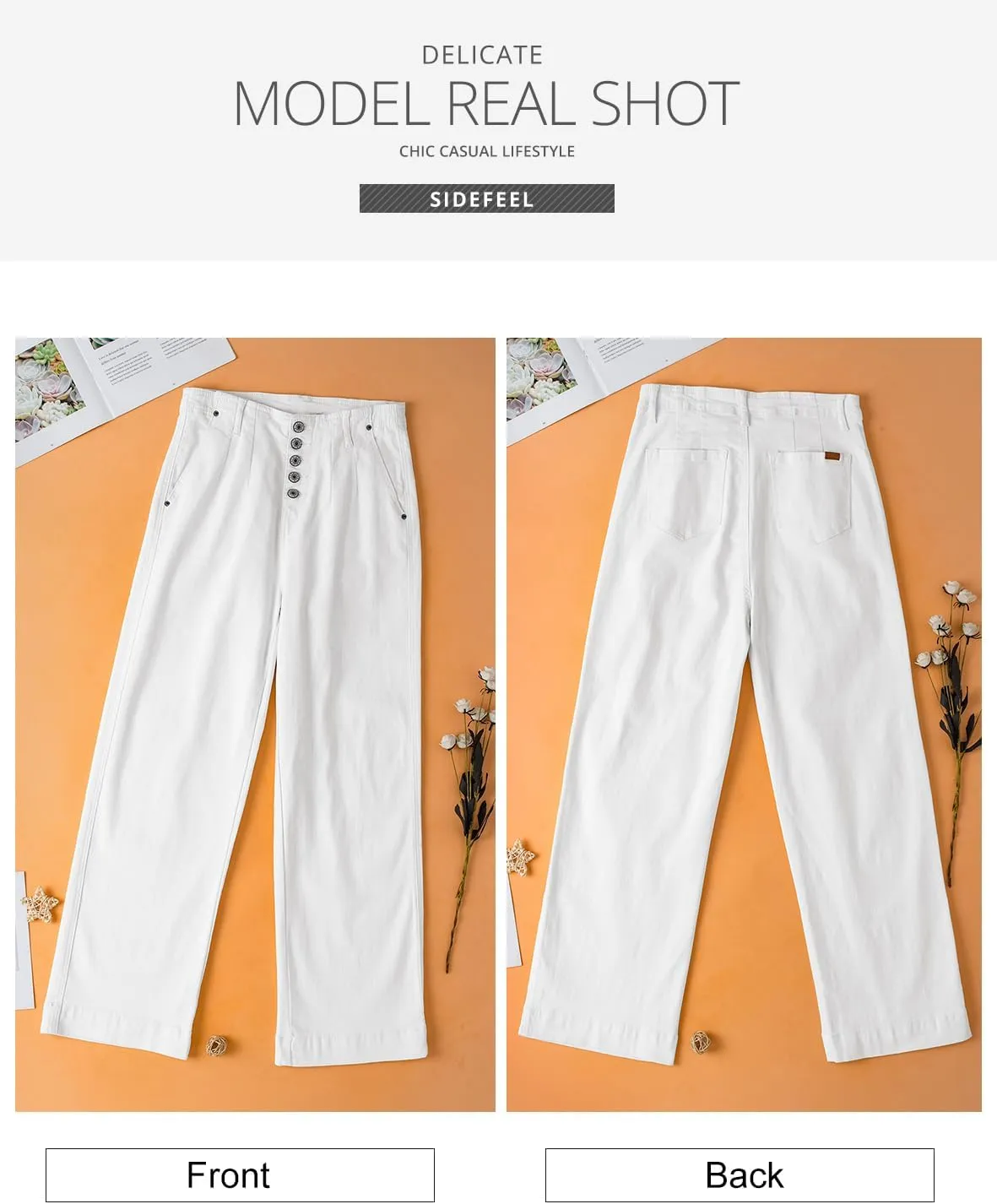 Sidefeel Women's Wide Leg Jeans High Waisted Button Fly Stretchy Straight Legs Denim Pants
