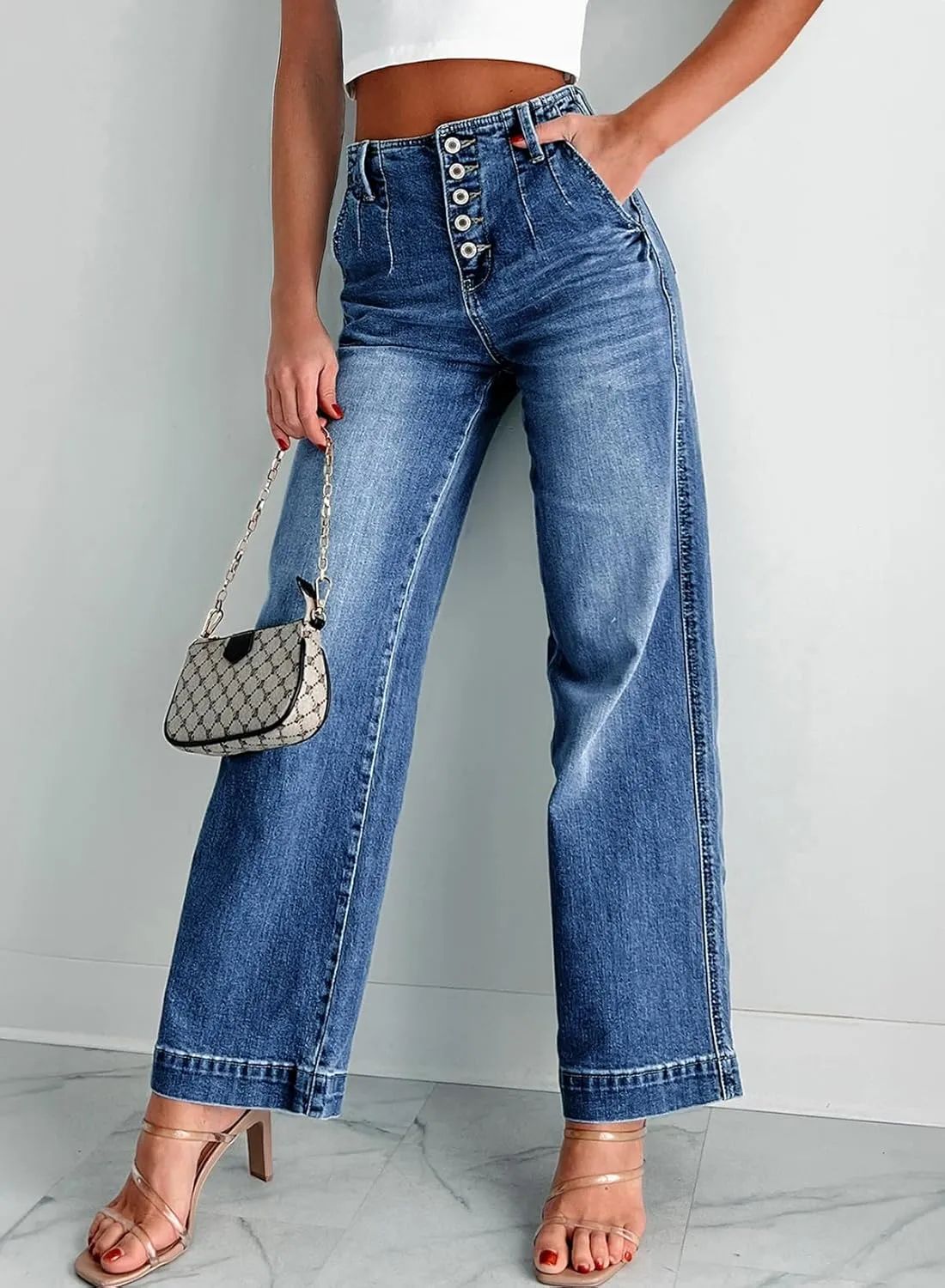 Sidefeel Women's Wide Leg Jeans High Waisted Button Fly Stretchy Straight Legs Denim Pants