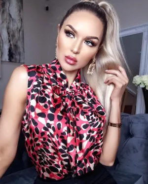 Sleeveless Bow Tie Animal Print Top Blouse (Size 4/8 US)