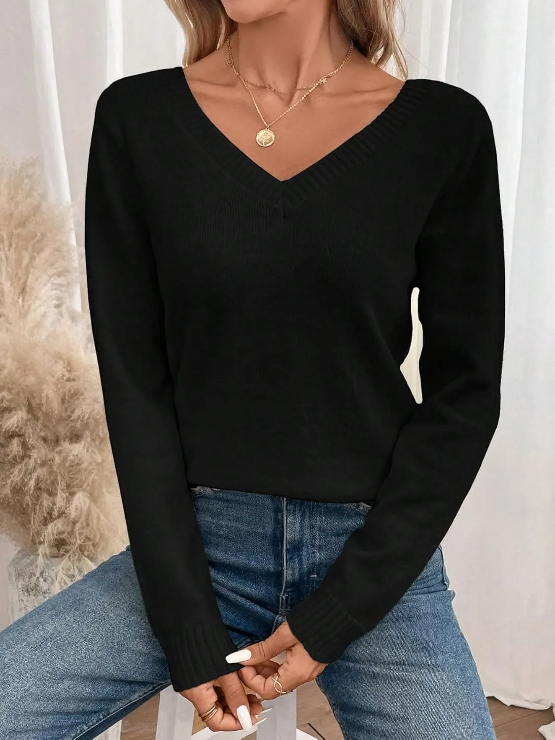 SOLY HUX Women's V Neck Sweaters Lace Back Pullover Sweater Long Sleeve Knit Tops
