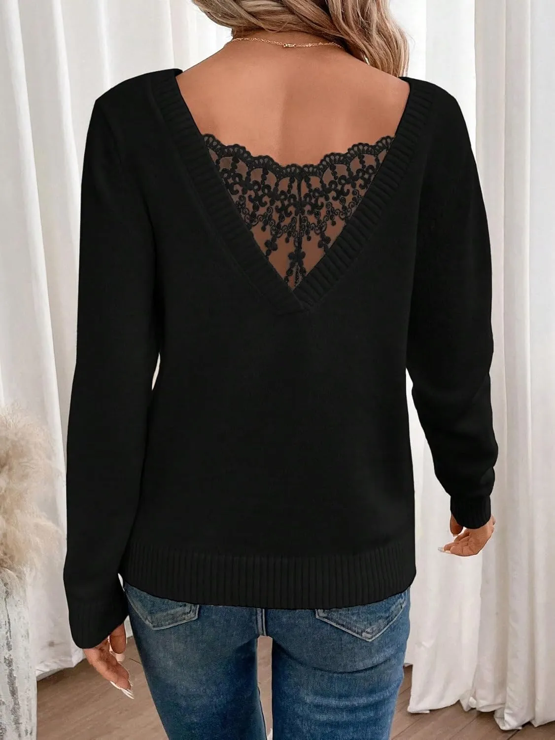 SOLY HUX Women's V Neck Sweaters Lace Back Pullover Sweater Long Sleeve Knit Tops