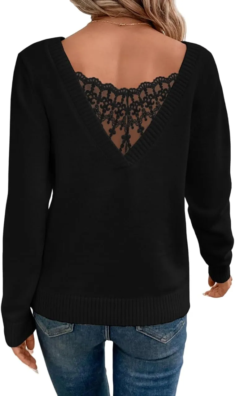 SOLY HUX Women's V Neck Sweaters Lace Back Pullover Sweater Long Sleeve Knit Tops
