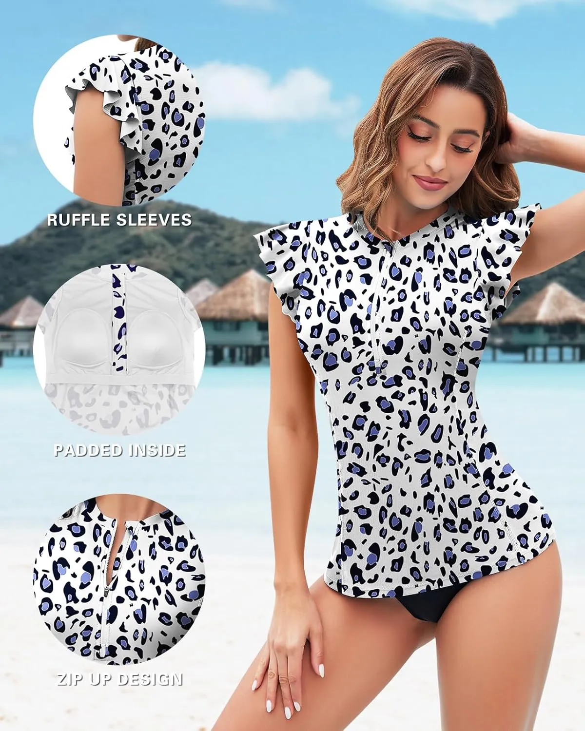 Soneven Women's Swim Shirt UPF 50  Ruffle Sleeve Rash Guard UV Sun Protection Swimsuit Top Bathing Suit No Bottom