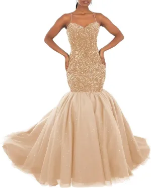 Sparkly Sequin Prom Dresses for Women Long Tulle Halter Ball Gown Sleeveless Mermaid Formal Evening Party Dress