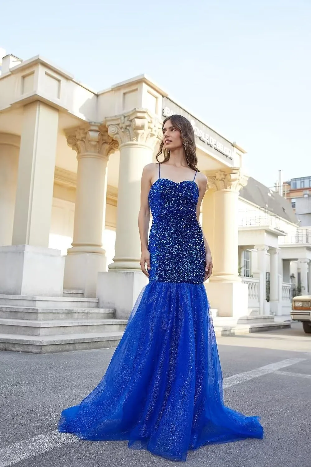 Sparkly Sequin Prom Dresses for Women Long Tulle Halter Ball Gown Sleeveless Mermaid Formal Evening Party Dress