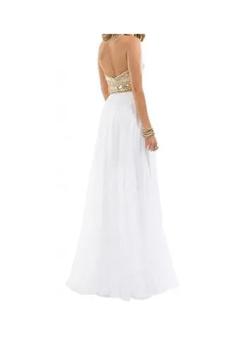 Strapless Long Chiffon White Elegant Open Back Beading Prom Dresses PFP1220