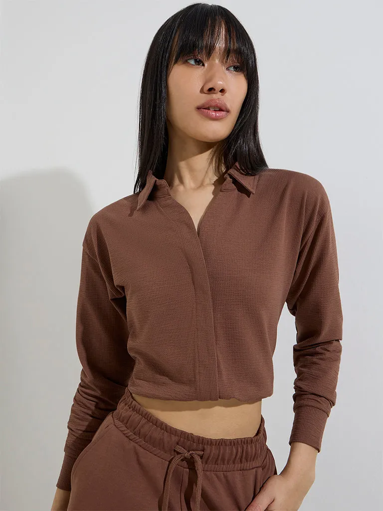 Studiofit Brown Textured Cotton-Blend Top