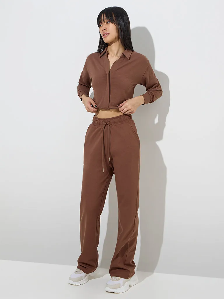 Studiofit Brown Textured Cotton-Blend Top
