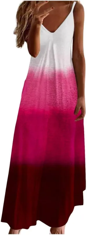 Summer Dresses for Women 2024 Casual V-Neck Long Dress Elegant A Line Sleeveless Printed Beach Sundress
