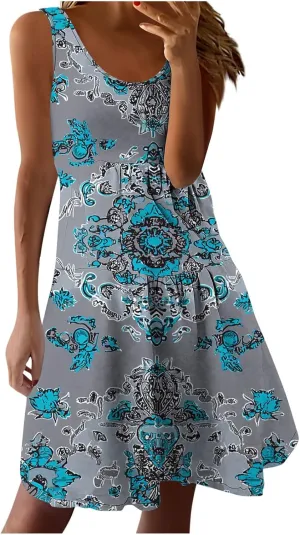 Sundresses for Women Casual 2025 Beach Vacation Mini Dress Floral Print Elegant Sleeveless Summer Tank Dresses