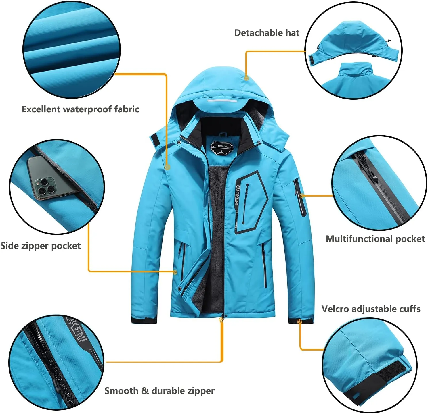 SUOKENI Women's Waterproof Warm Winter Snow Coat Hooded Raincoat Ski Snowboarding Jacket