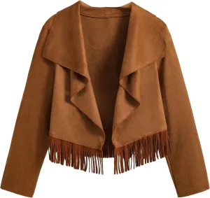 SweatyRocks Girl's Long Sleeve Collar Open Front Coat Asymmetrical Fringe Hem Jacket Tops