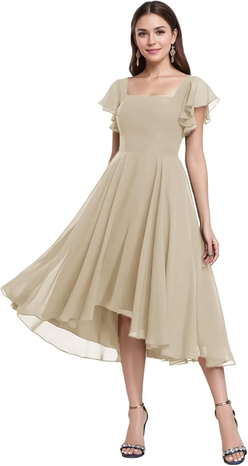 Tea Length Chiffon Bridesmaid Dress Sqaure Neck Formal Party Dresses with Short Sleeve