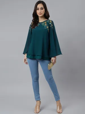 Teal Blue Georgette Embroidered Ethnic Top