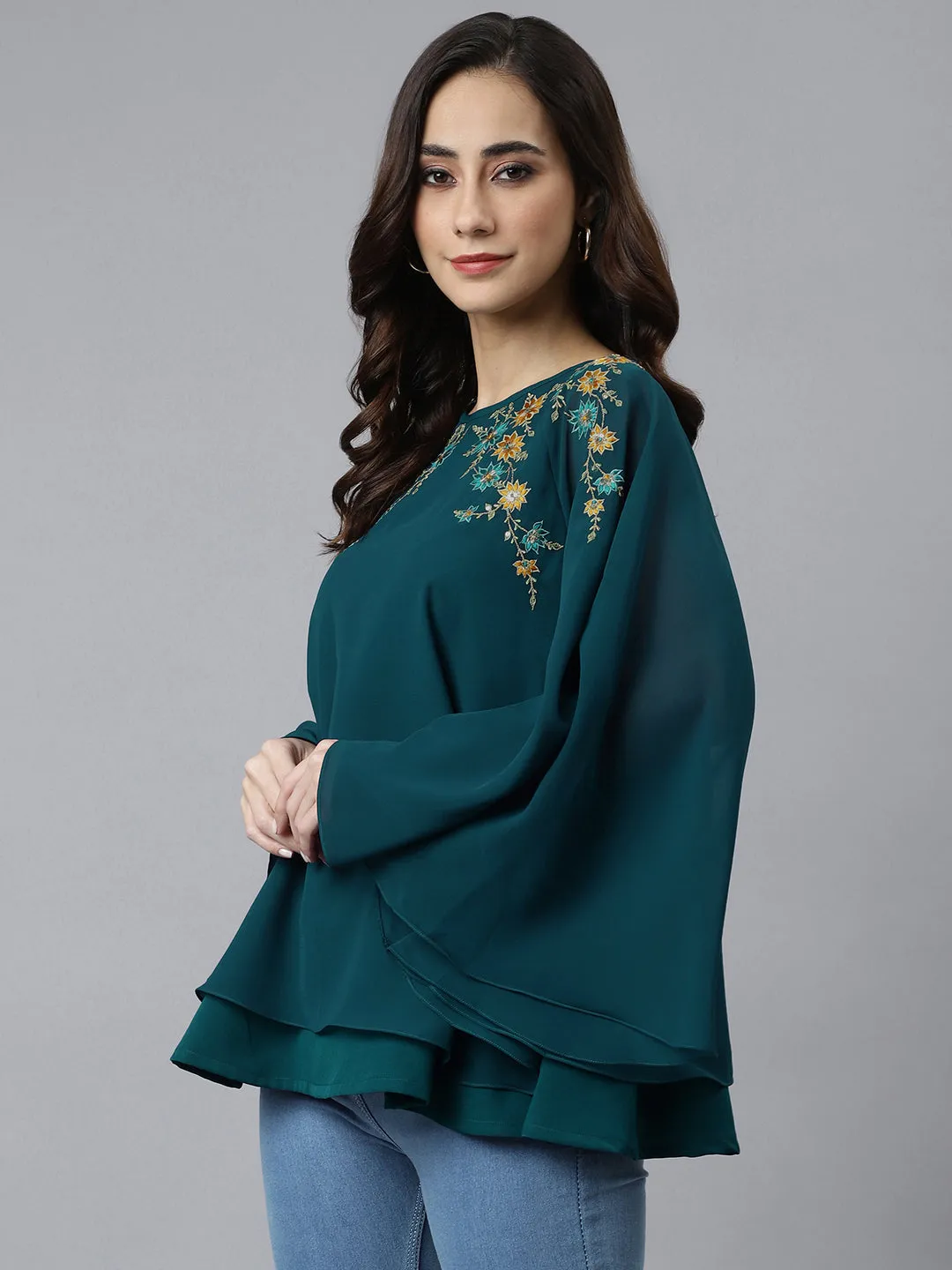 Teal Blue Georgette Embroidered Ethnic Top