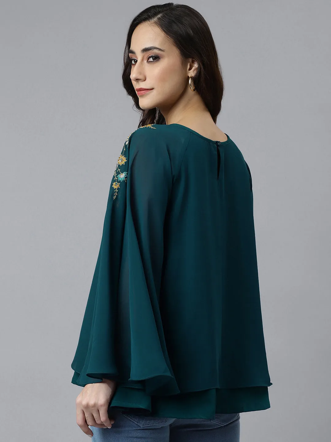 Teal Blue Georgette Embroidered Ethnic Top