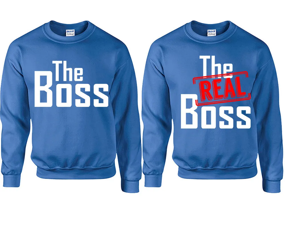 The Boss & The Real Boss Couple Matching Crewneck Sweaters – Unisex Pullover Sweaters Sold Separately for Him and Her