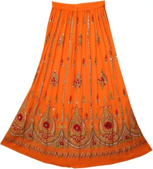 Tie Dye Yoga Trend Women's Sequined Crinkle Broomstick Gypsy Long Skirt (Orange)