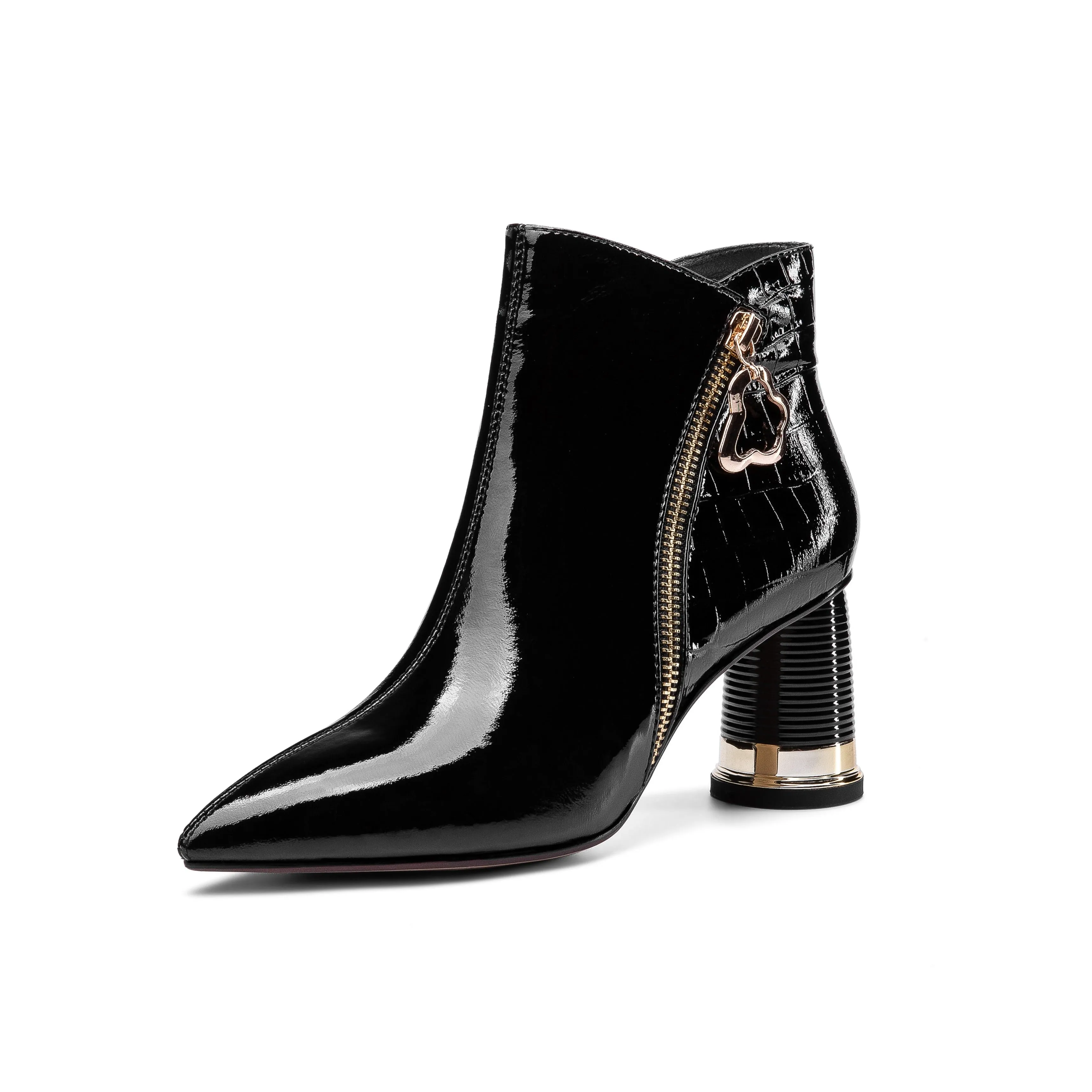 TinaCus Women's Patent Leather Handmade Pointed Toe Side Zip Up Stylish Cylindrical Mid Heel Ankle Boots