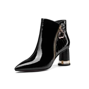 TinaCus Women's Patent Leather Handmade Pointed Toe Side Zip Up Stylish Cylindrical Mid Heel Ankle Boots