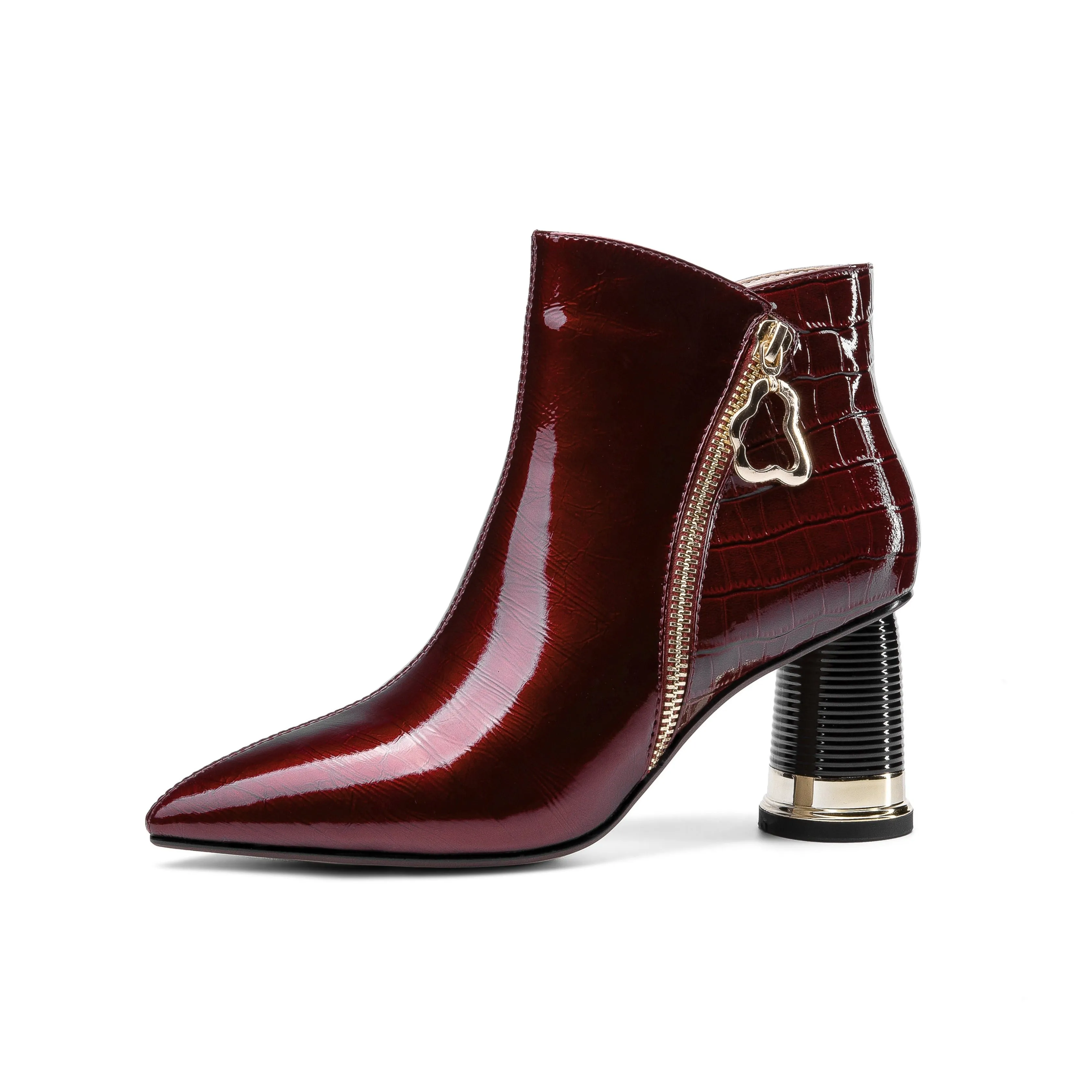 TinaCus Women's Patent Leather Handmade Pointed Toe Side Zip Up Stylish Cylindrical Mid Heel Ankle Boots