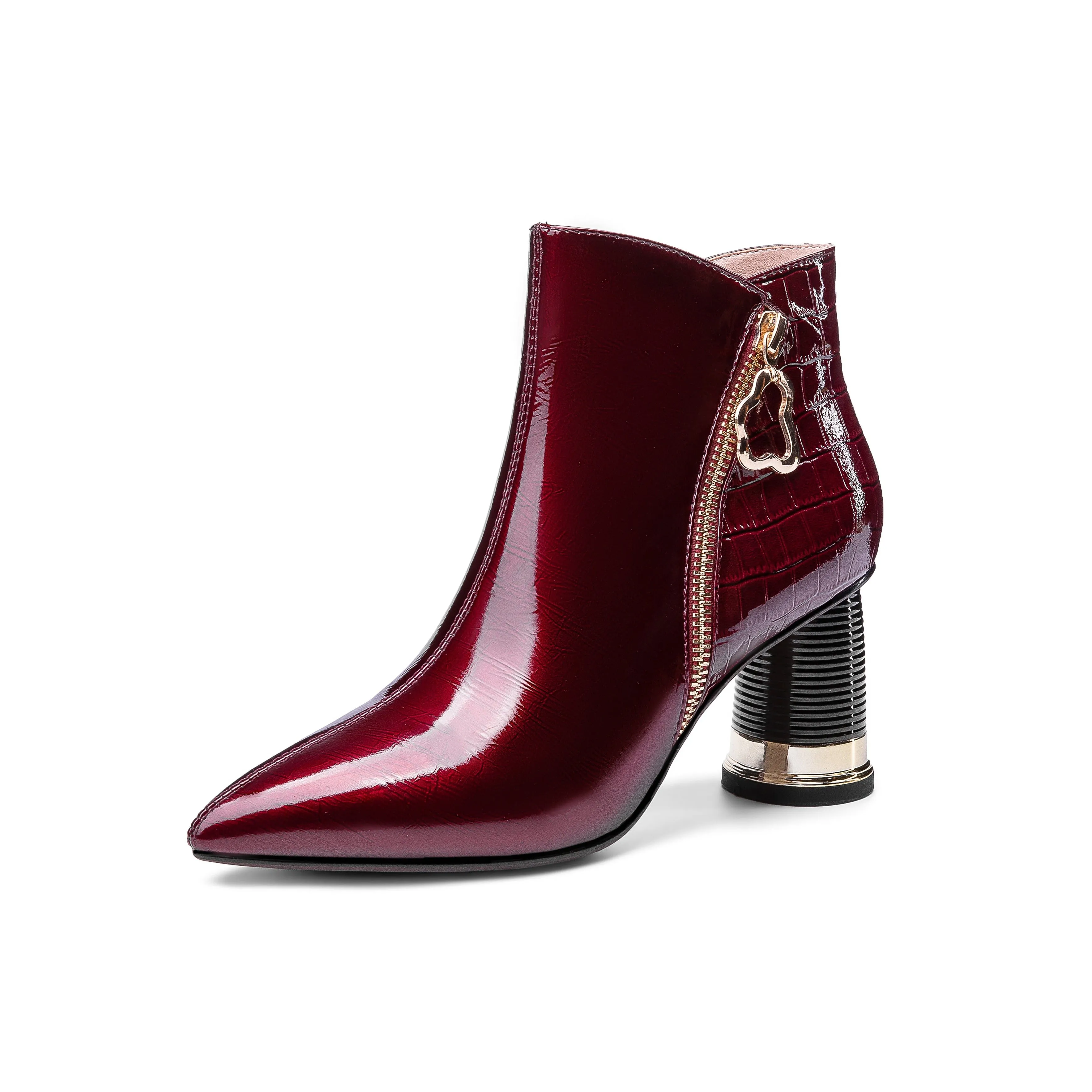 TinaCus Women's Patent Leather Handmade Pointed Toe Side Zip Up Stylish Cylindrical Mid Heel Ankle Boots