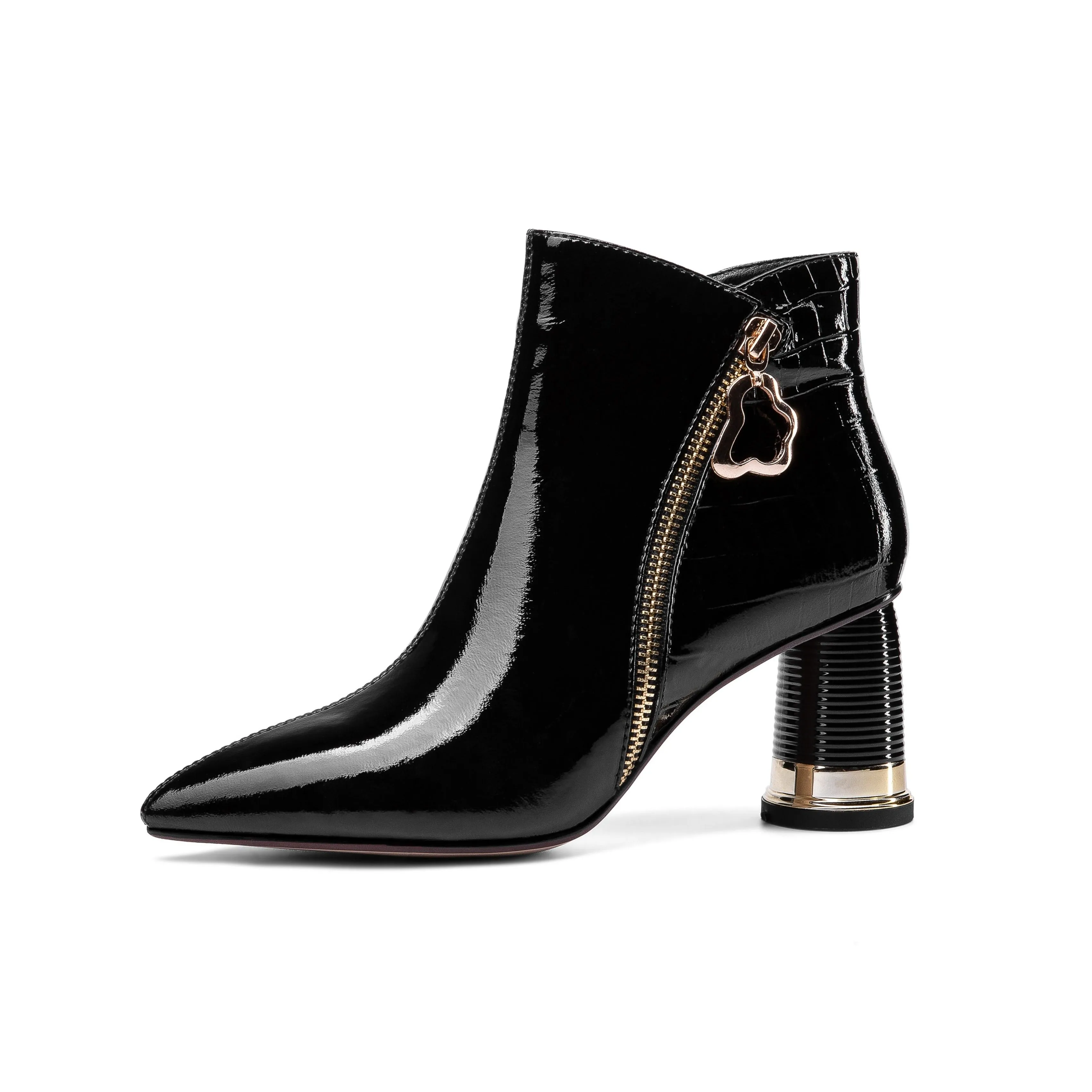 TinaCus Women's Patent Leather Handmade Pointed Toe Side Zip Up Stylish Cylindrical Mid Heel Ankle Boots