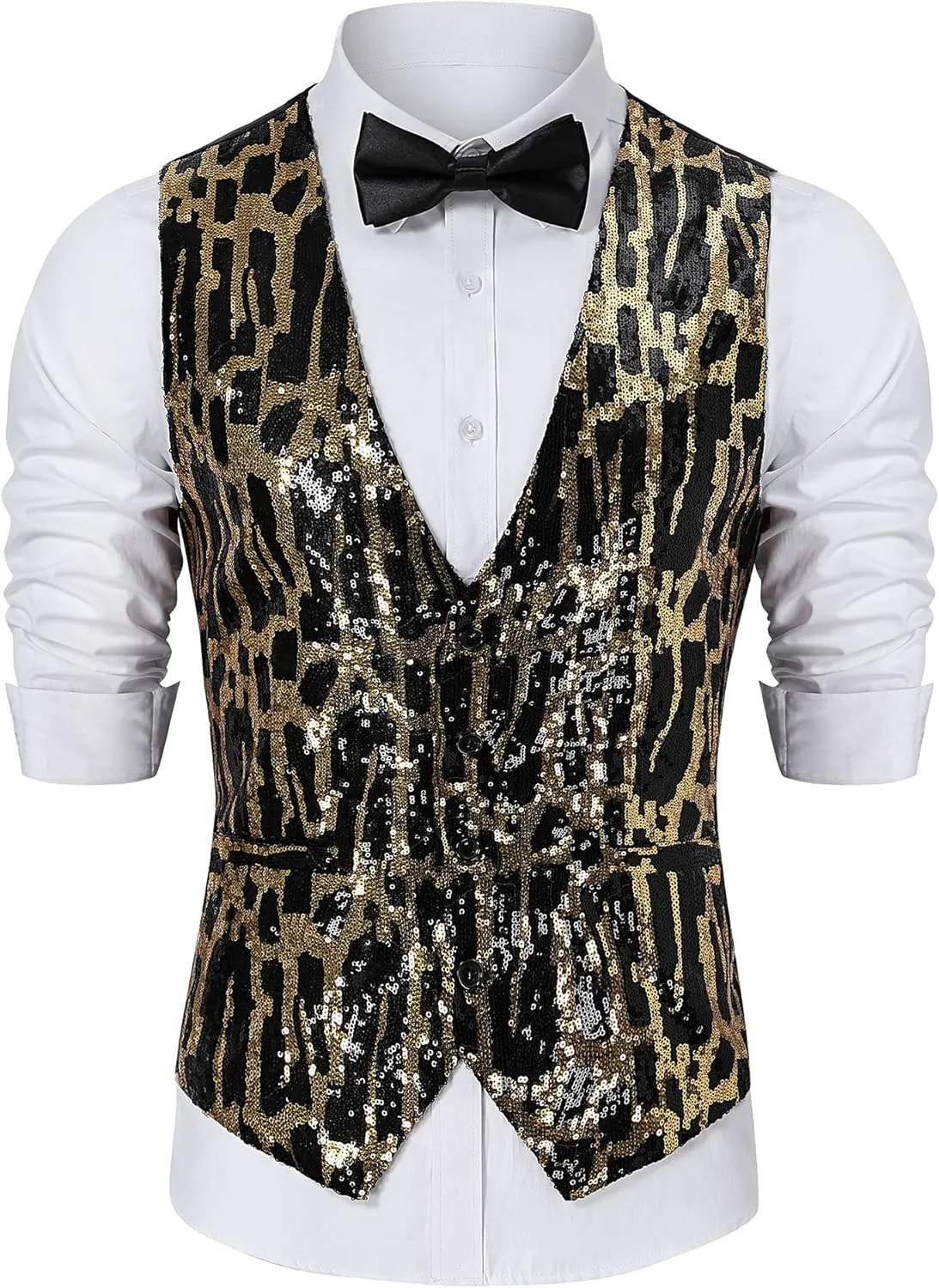 TURETRENDY Men's Shiny Sequins Vest V-Neck Slim Fit Stylish Vest Waistcoat with Pockets for Party Dinner Prom