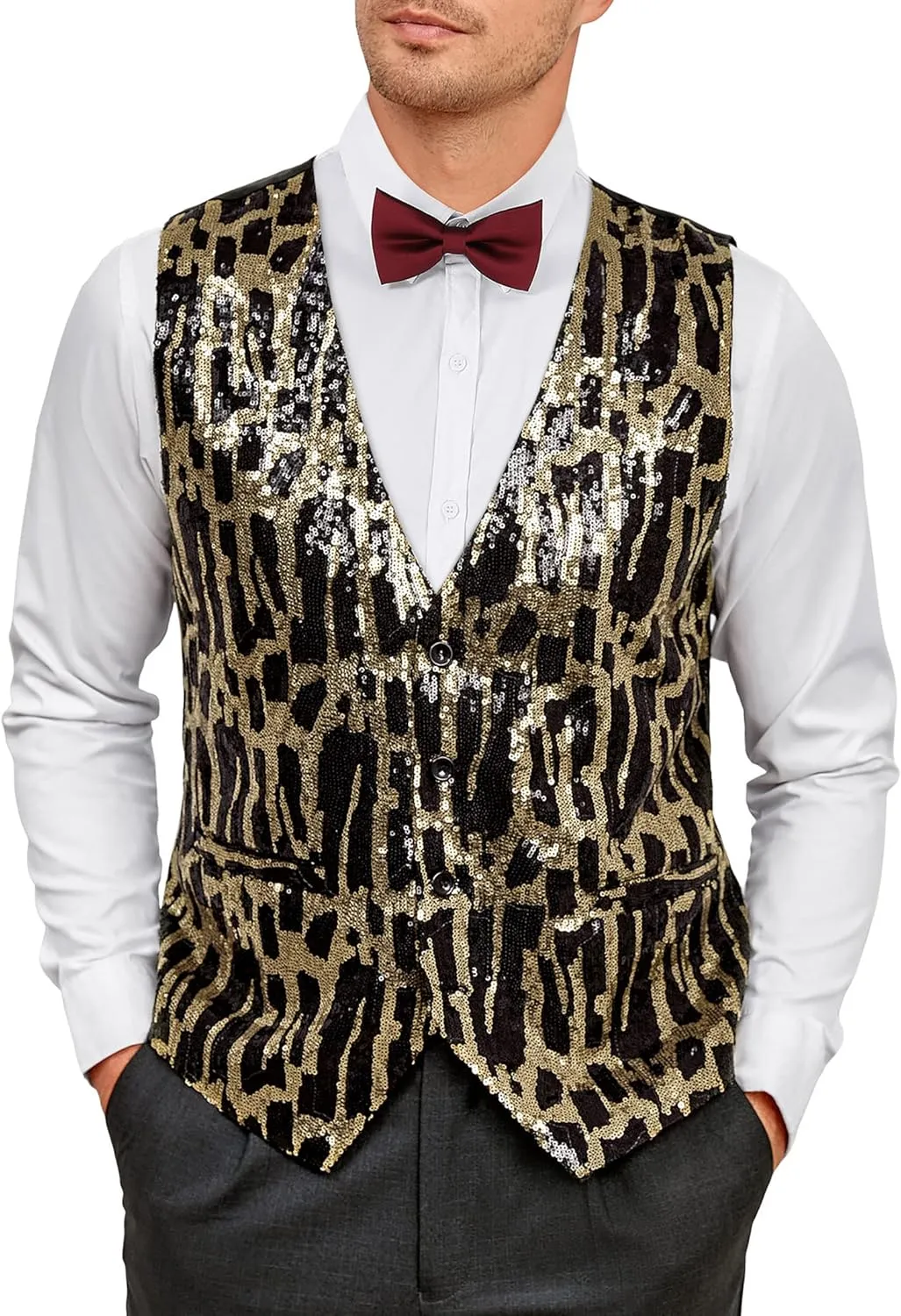 TURETRENDY Men's Shiny Sequins Vest V-Neck Slim Fit Stylish Vest Waistcoat with Pockets for Party Dinner Prom
