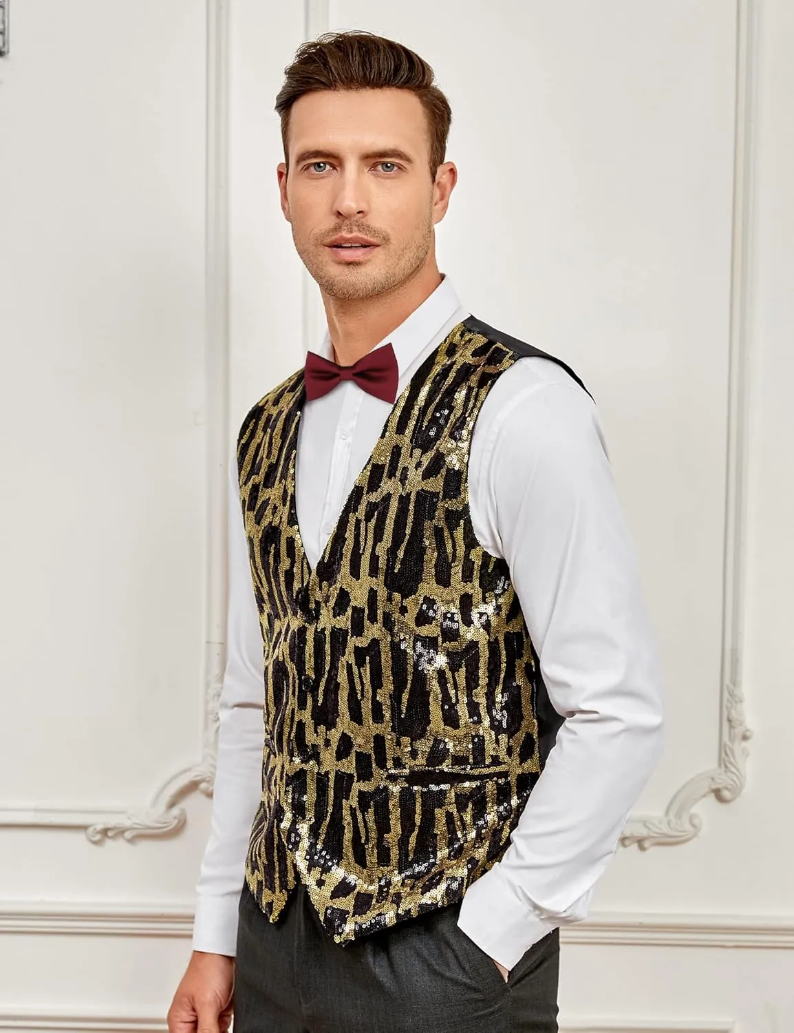 TURETRENDY Men's Shiny Sequins Vest V-Neck Slim Fit Stylish Vest Waistcoat with Pockets for Party Dinner Prom