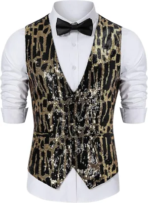 TURETRENDY Men's Shiny Sequins Vest V-Neck Slim Fit Stylish Vest Waistcoat with Pockets for Party Dinner Prom