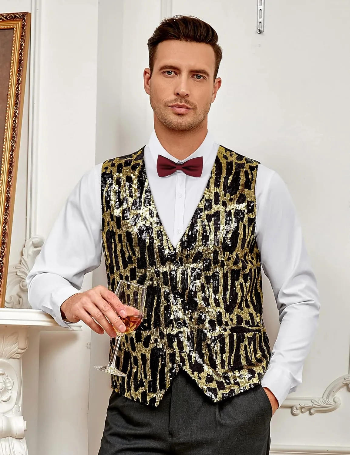 TURETRENDY Men's Shiny Sequins Vest V-Neck Slim Fit Stylish Vest Waistcoat with Pockets for Party Dinner Prom