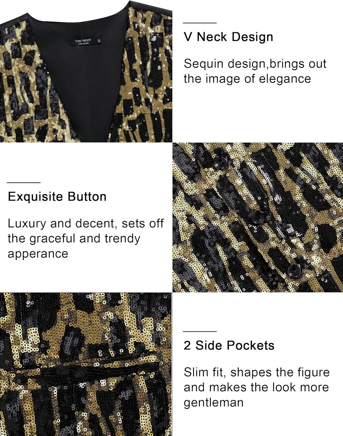 TURETRENDY Men's Shiny Sequins Vest V-Neck Slim Fit Stylish Vest Waistcoat with Pockets for Party Dinner Prom