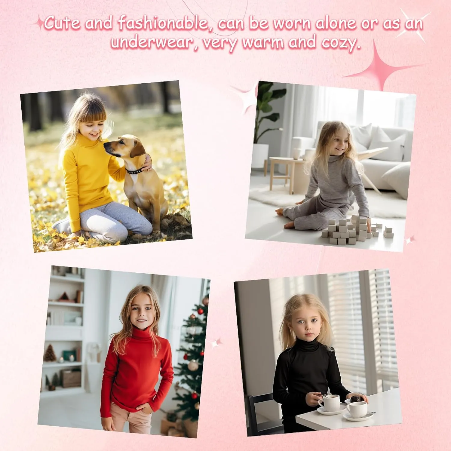 UNACOO Kids One or 2-Pack or 3-Pack Cotton with Spandex Long Sleeve Turtleneck T-Shirt for Girls (Age 2-11 Years)