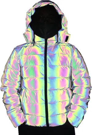 Unisex Rainbow Reflective Winter Warm Jacket Coat Thickened Cotton Padded Outwear Hip Hop Windproof Hooded Parka,Black,M(165cm55kg)