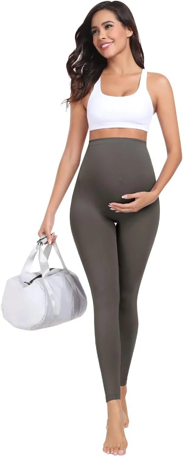 URUWASHI Womens Maternity Leggings Over The Belly Seamless Workout Pregnancy Pants High Waist Maternity Activewear for Women