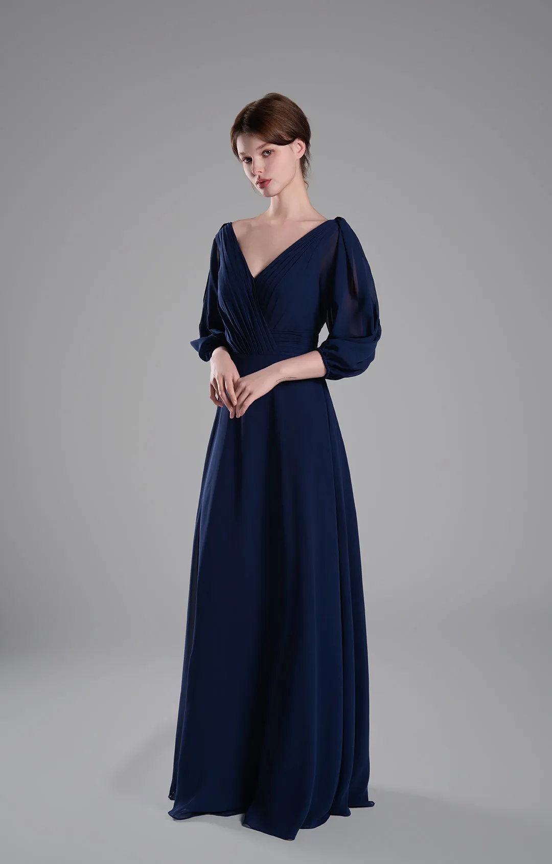 V-Neck Puffy Sleeves Pleated A-Line Dresses