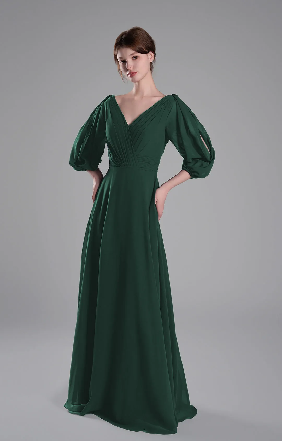 V-Neck Puffy Sleeves Pleated A-Line Dresses