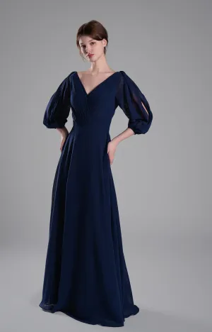 V-Neck Puffy Sleeves Pleated A-Line Dresses