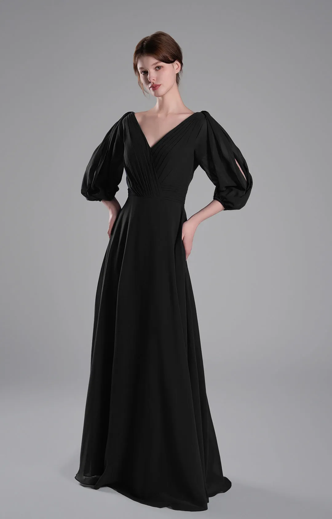 V-Neck Puffy Sleeves Pleated A-Line Dresses